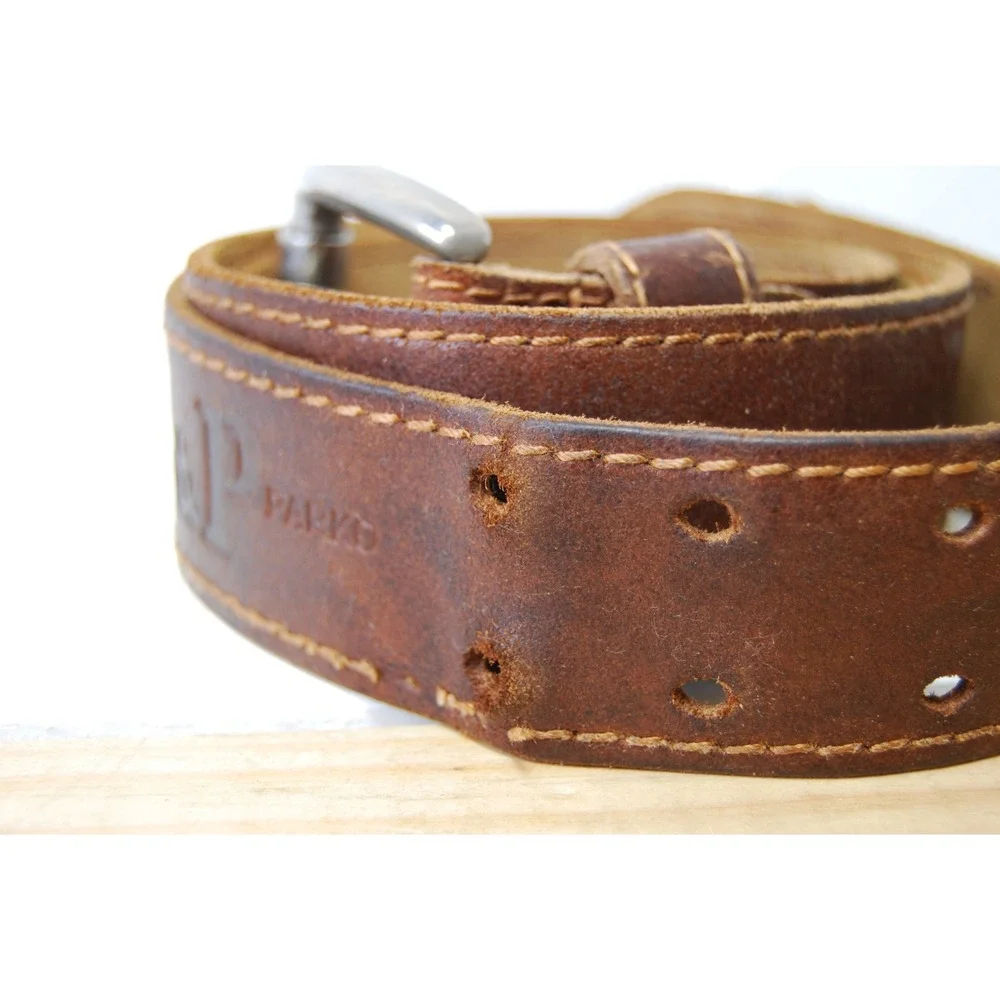 Brown leather‎ belt size 40 Gold & Parko logo embossed accessory double prong